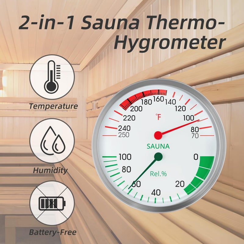 defull Stainless Steel Sauna Hygrometer Thermometer with Color-Coded Dial 5" Large Display,70-250°F, 0-100%,Heat-Resistant,Easy to Read Humidity Temperature Gauge for Home Spa, Steam Rooms - Image 4